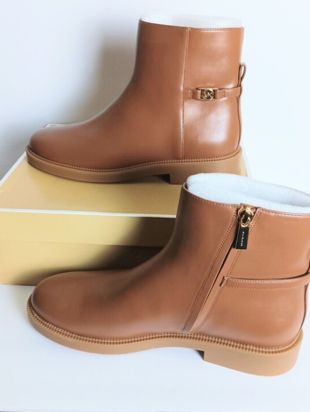 Michael Kors Women Cognac Leather Ankle Boots with Gold MK Accent Size 11 NWT